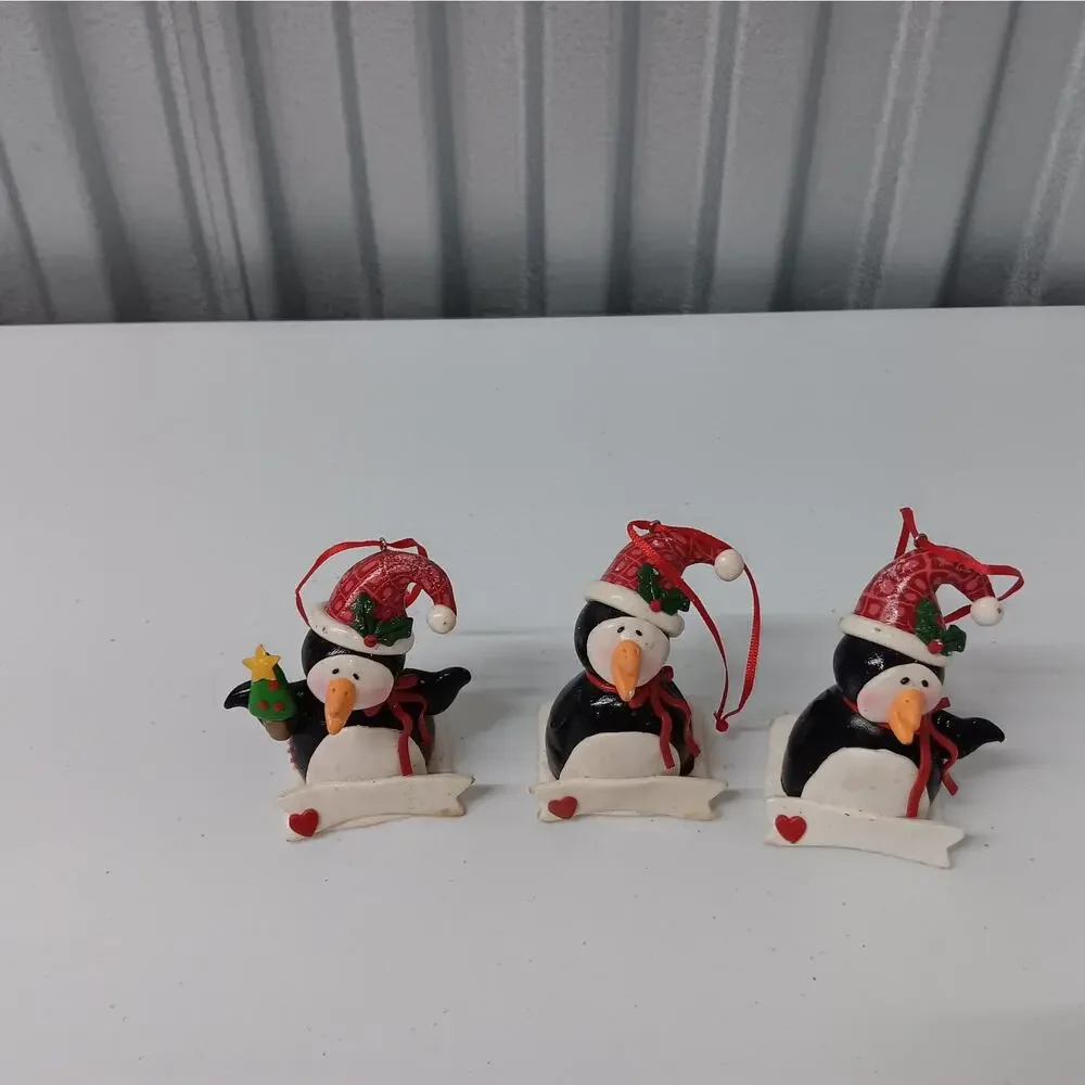 Penguin Christmas Ornaments Set of 3 Black‎ Red Holiday Resin Banner